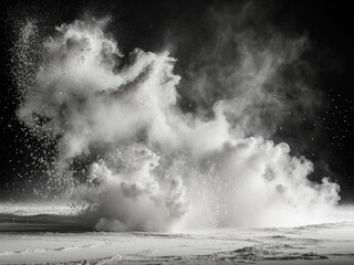 Dynamic black and white photograph of a white powder explosion, creating a dramatic cloud and scattering particles on a dark background.