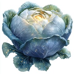 Fresh cabbage appears vividly in an artistic design showcasing intricate details and sparkling golden particles. This healthy produce evokes a sense of organic vitality and nourishment