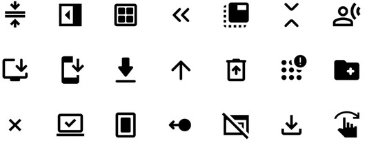 Black vector icons set for mobile apps and web design, left-side view, white background, various shapes and sizes with light edge glow, blank space for text
