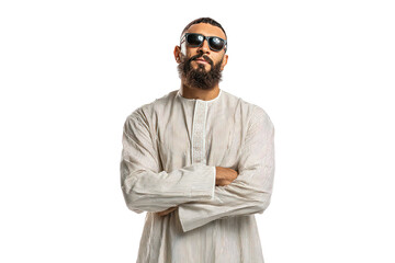 Bearded Man in Sunglasses and Striped Robe Arms Crossed Confidently