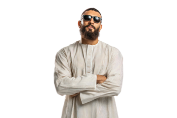 Bearded Man in Sunglasses and Striped Robe Arms Crossed Confidently