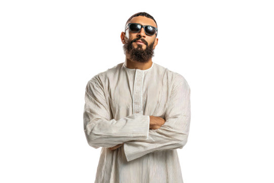 Bearded Man in Sunglasses and Striped Robe Arms Crossed Confidently - Powered by Adobe