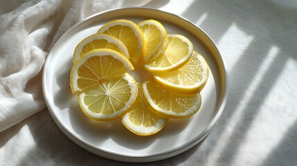 Sliced Lemons Arranged on a White Plate with Natural Light