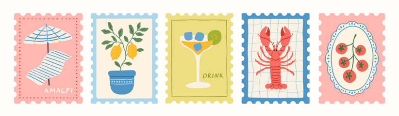 Set of italian summer postage stamps. Vacation in Italy. Amalfi. Hand drawn lobster, lemon tree, tomato, cocktail, beach umbrella. Mediterranean print, poster or postcard. Vector trendy illustration.
