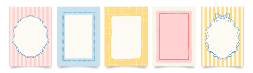 Vintage hand drawn frames with whimsical lines, bows, ribbons. Italian summer vacation aesthetic. Colorful minimalist line borders, postage stamp . Vector template for poster, invitation, card.