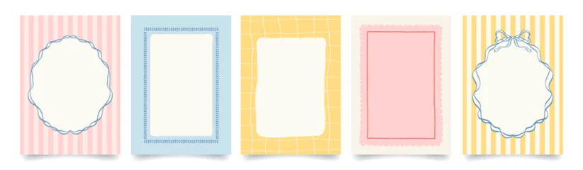 Fototapete Vintage hand drawn frames with whimsical lines, bows, ribbons. Italian summer vacation aesthetic. Colorful minimalist line borders, postage stamp . Vector template for poster, invitation, card. © Anna Bova