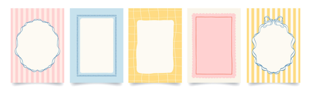 Vintage hand drawn frames with whimsical lines, bows, ribbons. Italian summer vacation aesthetic. Colorful minimalist line borders, postage stamp . Vector template for poster, invitation, card.