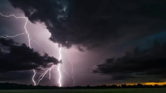 Epic Thunderstorm with Multiple Powerful Lightning Strikes Bolt in Dark Stormy Sky