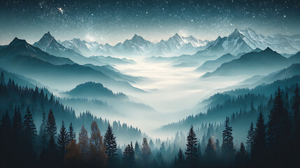 A mountain range with a foggy valley in the foreground