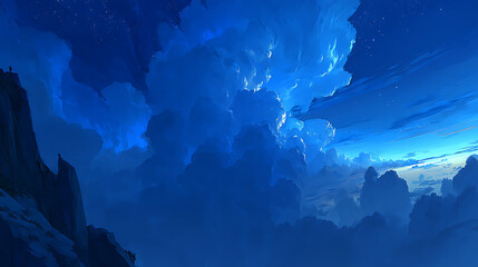 A blue sky with clouds and stars