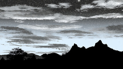 A black and white image of a mountain range with a cloudy sky