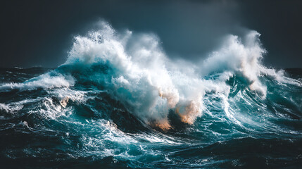 A large wave crashing into the shore, with the water splashing