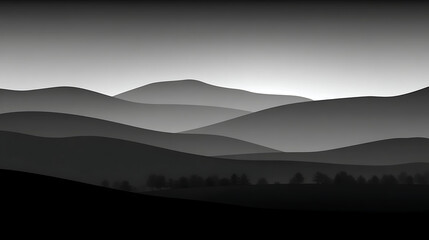 A black and white photo of a mountain range with trees in the foreground