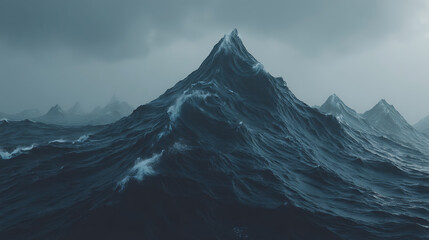 A mountain range is visible in the distance behind a large wave