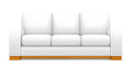 A white couch with wooden legs and a white cushion