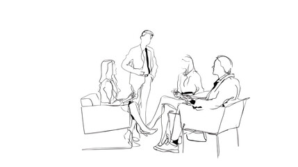 A group of people are sitting around a table, with one man wearing a tie