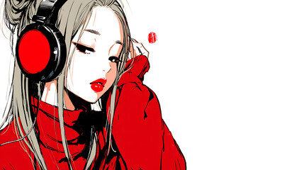 A girl wearing headphones and a red sweater