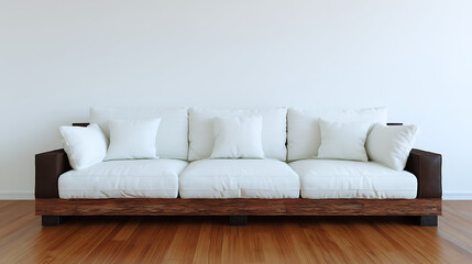 A white couch with brown legs sits in a room with a white wall