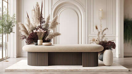 A white room with a brown couch and a vase of flowers on it