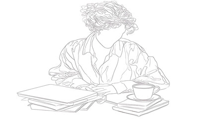 A woman is sitting at a table with a laptop and a cup of coffee