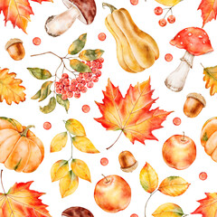 Seamless watercolor pattern with pumpkins, mushrooms, apples, acorns, rowan berries and autumn leaves on white. Bright seasonal design for wrapping paper, fabric, packaging or prints.