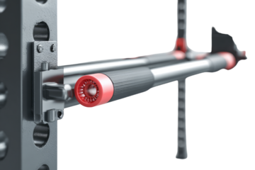 Detailed Closeup of a Weightlifting Barbell Rack and Bar with Red Accents