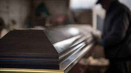 Coffin maker working in a workshop.