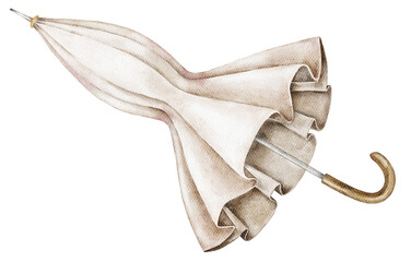 Watercolor umbrella with bow in soft pink tones. Elegant autumn object for seasonal cards, packaging or cozy decorative compositions.