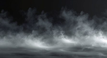 Dramatic digital artwork featuring mysterious white fog or smoke swirling low over a dark, textured ground.