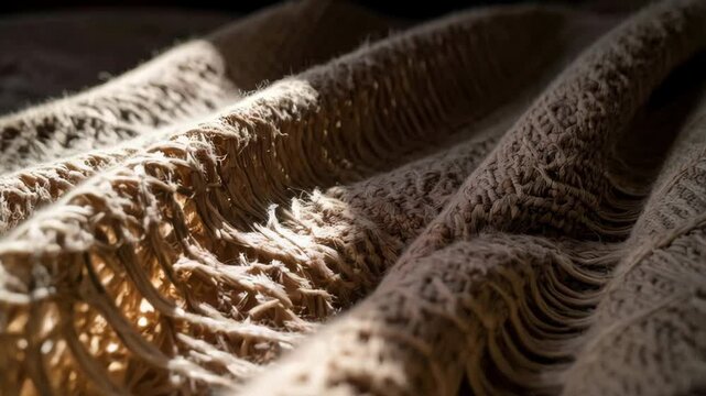 Close up of a textured beige macrame textile with flowing fringe under soft sunlight creating a warm and cozy ambiance with intricate weave pattern.