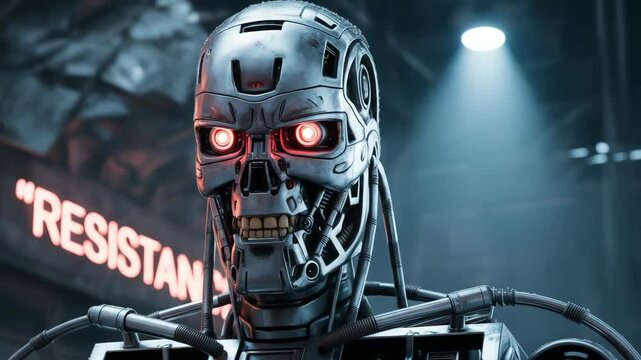 Detailed closeup view of a powerful futuristic robot in a dystopian setting