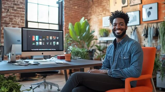 A smiling man sits in a stylish office filled with greenery, exuding creativity and positivity