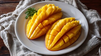 Sliced Mangoes on a White Plate with Fresh Garnish
