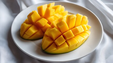 Sliced Mango Cubes on a White Plate