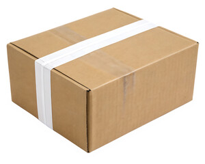 Cardboard box secured with white strapping, isolated on a white background
