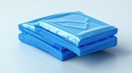 Three blue, shrink-wrapped packages stacked on a light background.