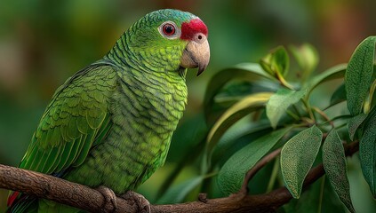 Vibrant portrayal of a Red-lored Amazon parrot amidst lush tropical foliage