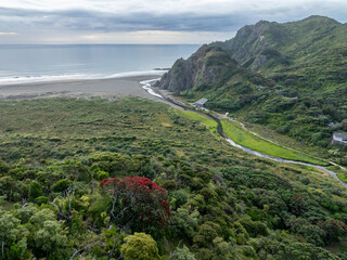 Scenic aerial view of a black sand beach, river, and lush green hills meeting the ocean in ...