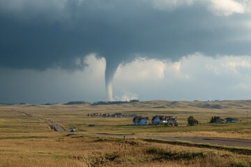 Dramatic Tornado Approaching Rural Homes: Powerful Weather Photography for News, Climate Change, and Disaster Preparedness Content. High-resolution image capturing the intensity of a supercell thunder