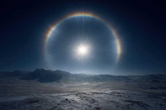 Majestic 22&deg; Halo Solar Ring over Snowy Mountain Range: Breathtaking Winter Landscape Photography for Travel, Environmental, and Science Publications