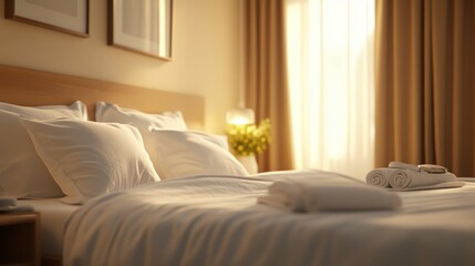 Fototapeta premium Sunlit hotel bedroom with neatly made bed, white linens, and rolled towels.