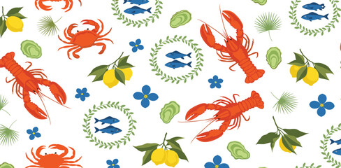 Obraz premium Colorful Mediterranean summer seamless pattern decorative hand drawn lobster, crab, sardine, lemons, palms. Cute floral seafood wallpaper, background, textile design. Vector Italian vacation print
