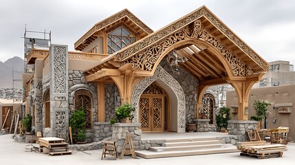 Naklejka premium Timber framed house with stone accents high resolution images