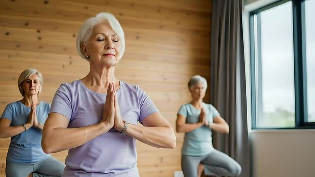 Senior women practice tree pose yoga. Enhances mindfulness, balance, and wellness. Ideal for health, fitness,retirement living, stress reduction, and active aging campaigns.