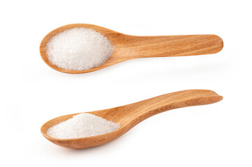 Monosodium glutamate in wooden spoon isolated on white background.