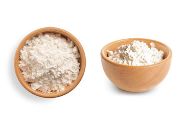 Wooden bowl of flour isolated on white background.