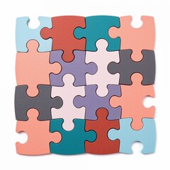 Fototapeta premium Colorful interlocking puzzle pieces arranged on a white background