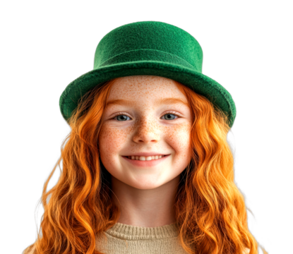 Celebrating st. Patrick's day young girl in green hat indoor portrait joyful atmosphere isolated on transparent background