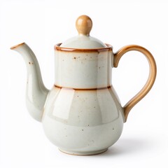 Fototapeta premium Ceramic teapot with a curved spout and wood handle in neutral tones 