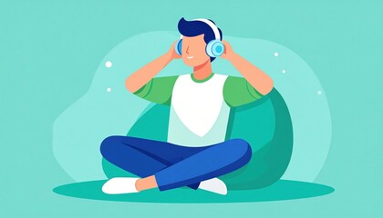 Man Listening To Music On Headphones In Beanbag